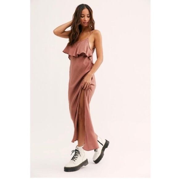 NWT Free People Hadley Satin Ruffle Maxi Slip Dress Small Cocoa Brown Silky - Picture 1 of 11